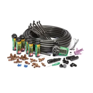 Automatic irrigation kit with pop up sprinklers and hose timer